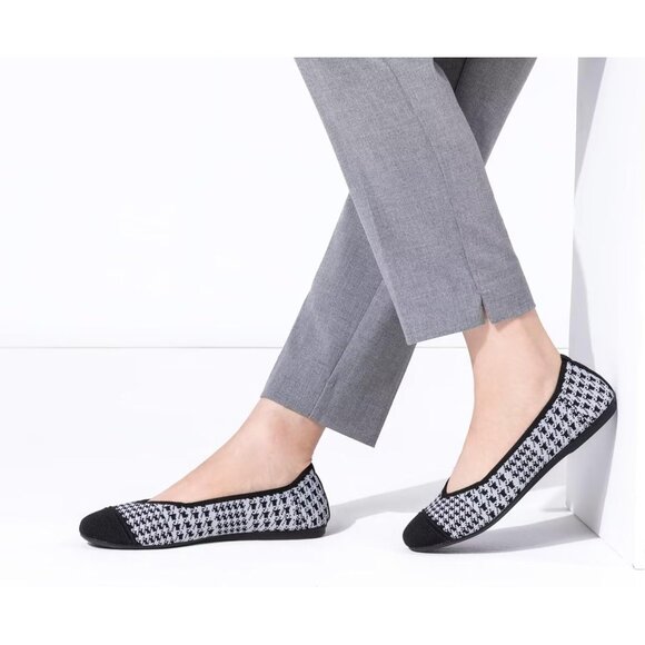 Frank Mully Women’s Black White Knit Fabric Round Toe Slip On Ballet Flat Shoes - Picture 2 of 8